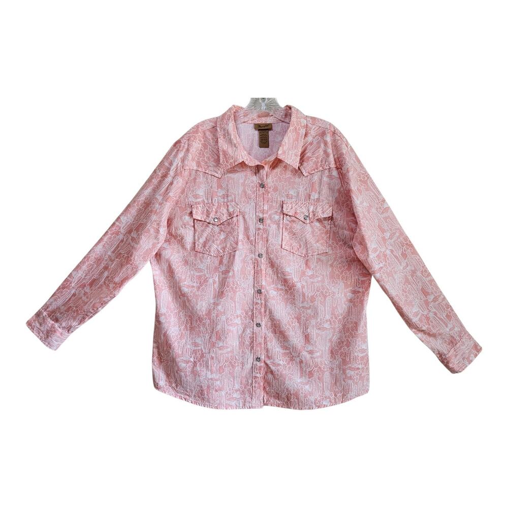 WRANGLER Women's XXL 2X Western Shirt Pearl Snaps Coral Ivory Cactus Pattern 50"